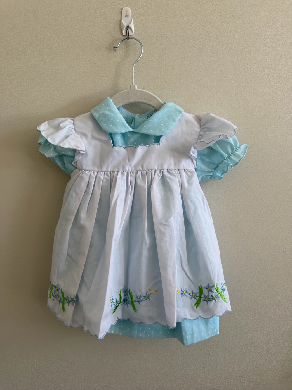 Light Blue Polka Dot Ruffle Dress with Floral Embroidery